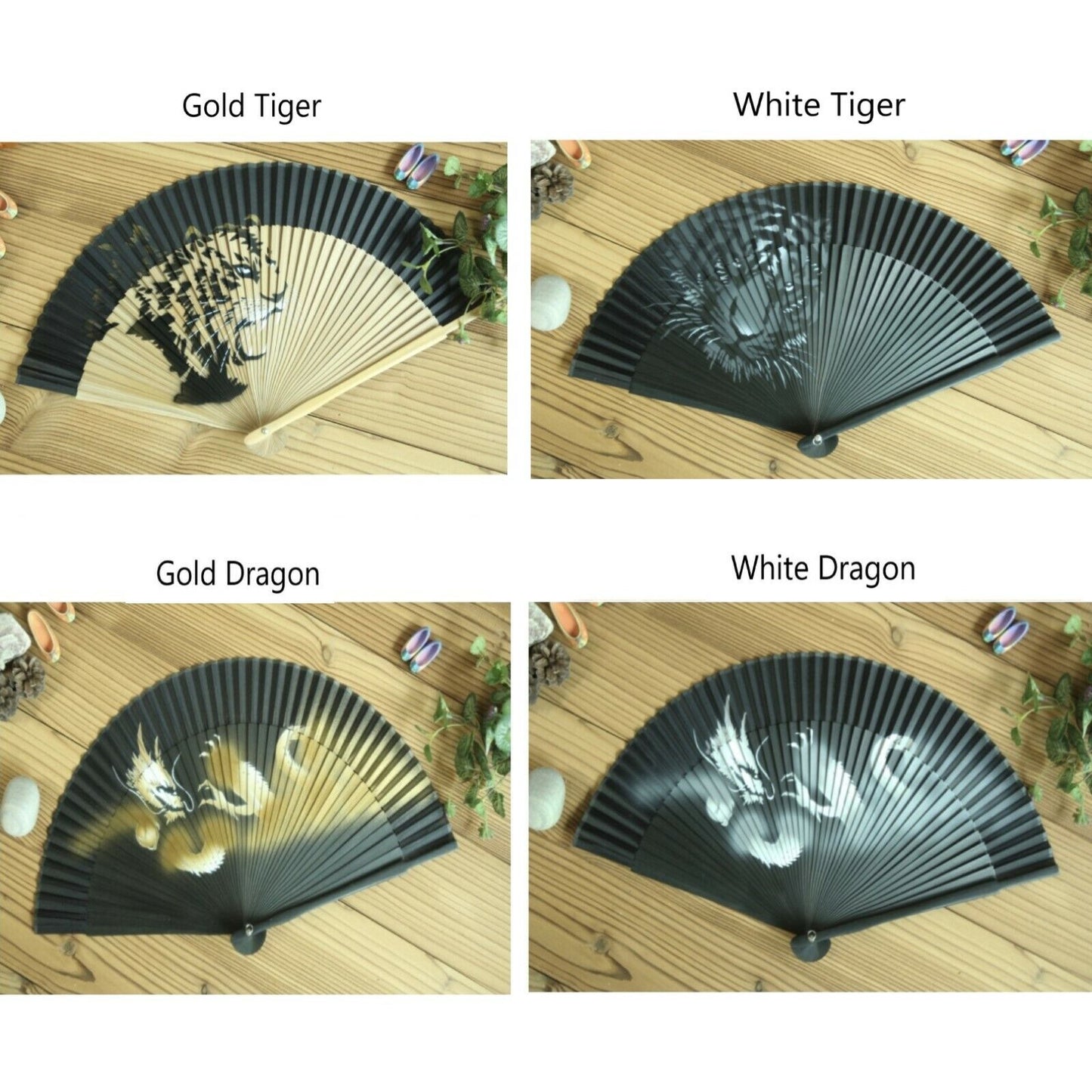 Folding Silk Hand Fan Tiger Dragon 4 Types Oriental Hand-painting Korean Crafts