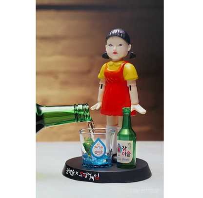 Squid Game Younghee Jinro Chamisul Soju Korean Drinking Game Toy Figure & 1 Cup