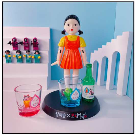 Squid Game Younghee Jinro Chamisul Soju Korean Drinking Game Toy Figure & 1 Cup